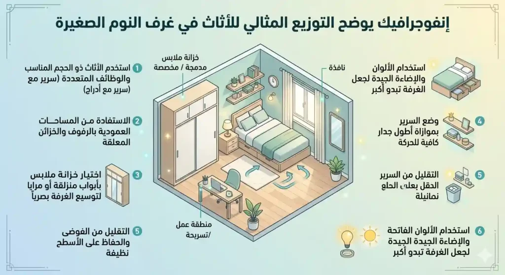 توزيع أثاث غرفة نوم صغيرة بطريقة احترافية